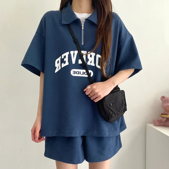 Zipper 100% Cotton Containing suit Women Polo Collar Short Sleeve Shorts Women 2023 New Summer Fashionable South Korea Two-piece Set