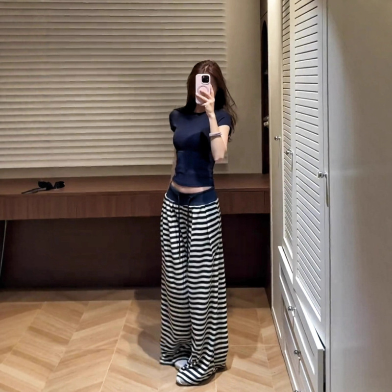 藏青条纹阔腿裤女2025秋季新款高腰垂感宽松显瘦百搭休闲拖地长裤|undefined