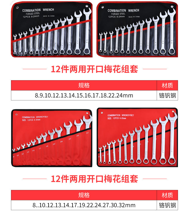 厂家直销两用扳手全套凸筋镜面哑光开口梅花扳手汽修五金工具套装详情27