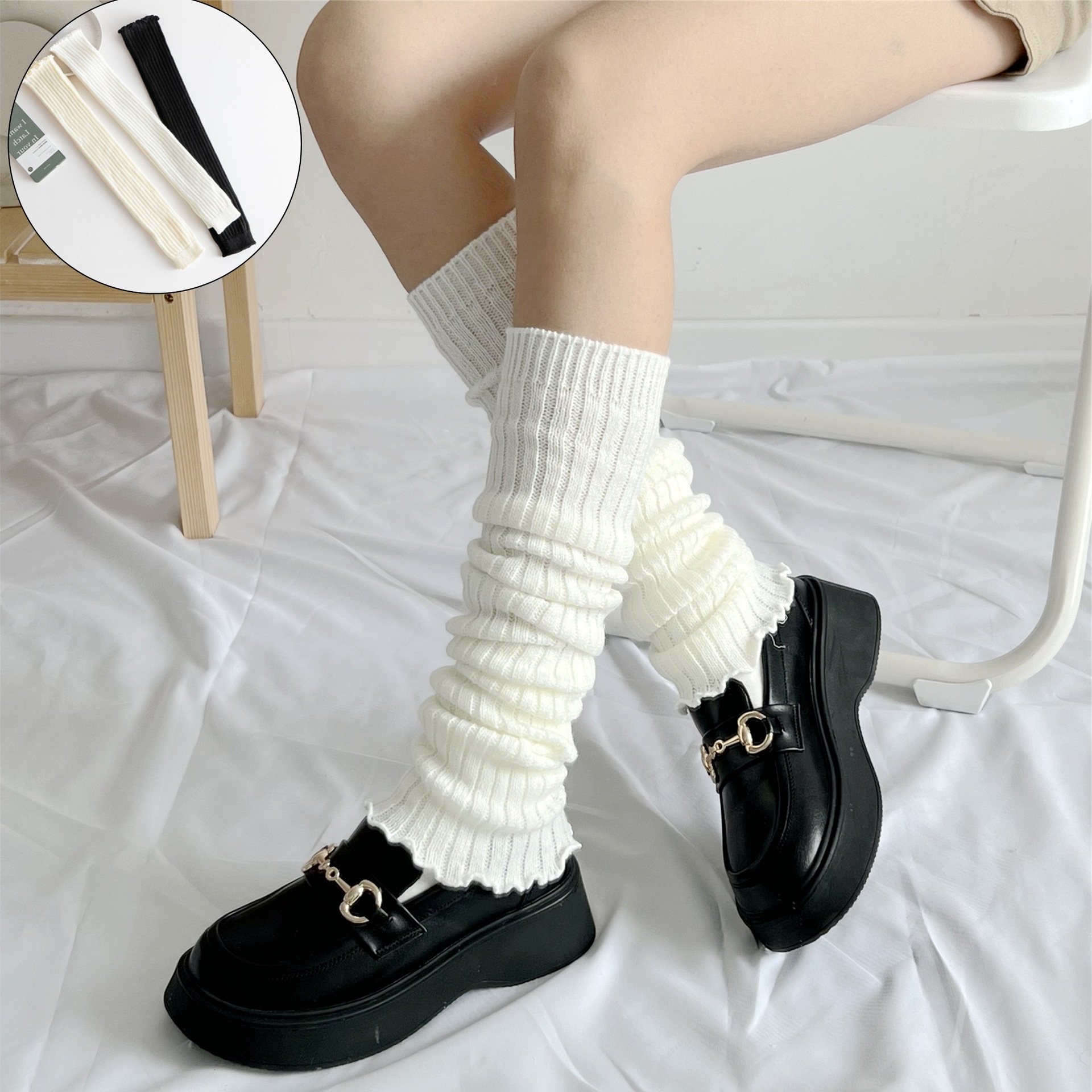 Japanese Lolita wide-leg socks set, women's winter puffy socks, white lace leg coverings, long tube flared calf-length socks