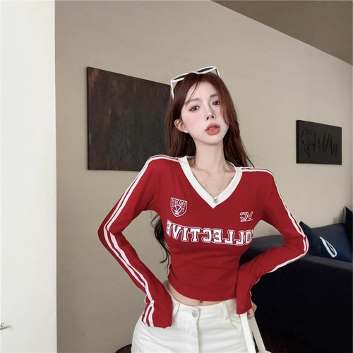 American-style sport striped long-sleeve t-shirt for women, early autumn wear, spicy girl V-neck short-sleeve padded shoulder top, slim-fitting base layer shirt for layering