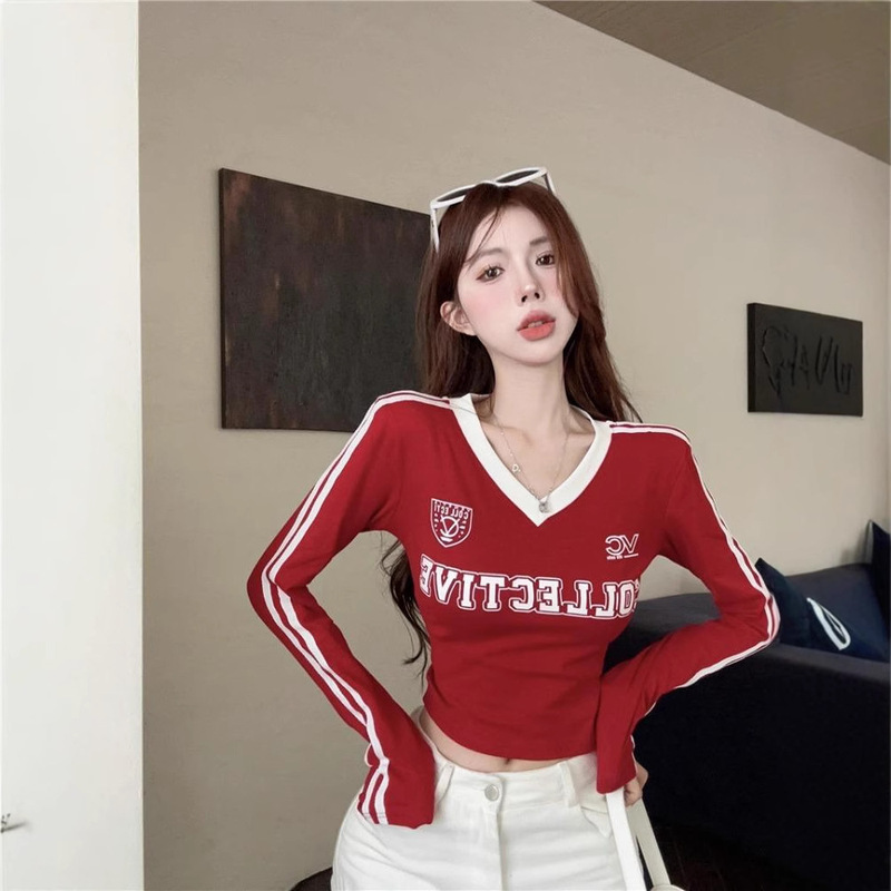 American Sports Striped Long-sleeved T-shirt Women's Early Autumn Spice Girl V-neck Short Shoulder Pad Top Slim-fit Base Shirt