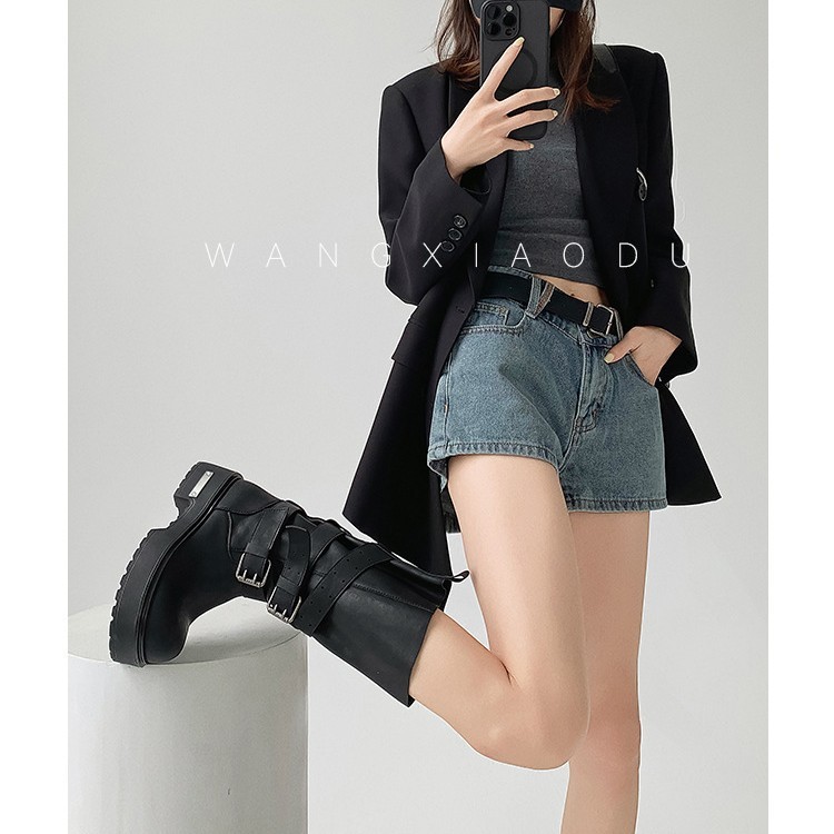 【王小毒】毒液靴●增高6cm~朋克机车靴女粗跟复古中筒西部骑士靴|undefined