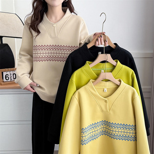 plus size sweater printed women's clothing 2025 spring new V-neck top fashion slim fat girl T-shirt Joker 893