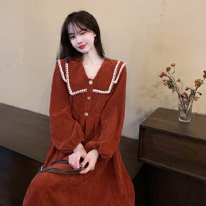 秋冬新款长袖灯芯绒中长裙女法式复古显瘦绑带收腰翻领连衣裙女装|undefined