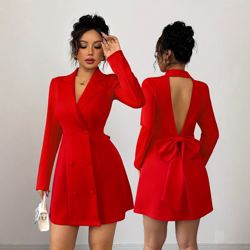 Amazon European and American Foreign Trade 2025 New Style Suit Collar Double-Breasted V-Back Bow Long-Sleeve Short Dress Amazon European and American Foreign Trade 2025 New Style Suit Collar Double-Breasted V-Back Bow Long-Sleeve Short Dress