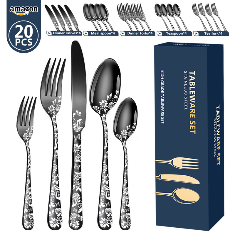 Cross-border Amazon Explosions Patterned Stainless Steel Tableware 5-component 20-piece Set Western Steak Knife, Fork and Spoon suit