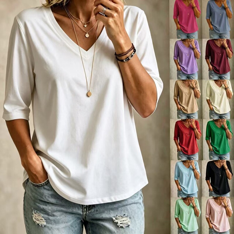 2026 Amazon Spring and Autumn European and American Cross-Border New Women's Versatile T-Shirt Casual V-Neck Regular Shoulder Short Sleeve Top 2026 Amazon Spring and Autumn European and American Cross-Border New Women's Versatile T-Shirt Casual V-Neck Regular Shoulder Short Sleeve Top