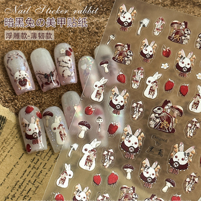 Papel adhesivo de uñas en línea popular conejo oscuro conejo violento estilo gótico chica caliente desgaste pegatina de uñas alivio tridimensional