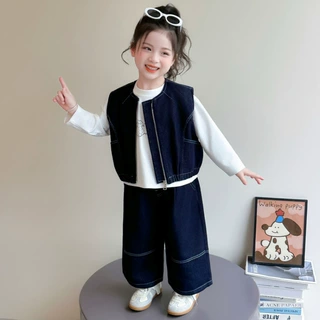 女童牛仔套装春秋季2026新款洋气时髦女孩休闲秋装儿童工装三件套
