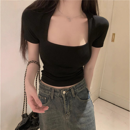 Women's Short Sleeve T-Shirt 2025 Summer French U-Neck Square Collar Student Short Top Slimming and Slimming Trendy
