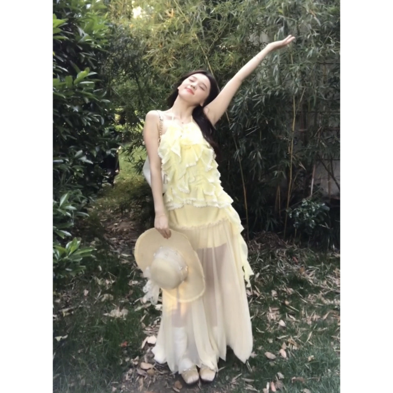 法式度假风套装女夏季辣妹荷叶边挂脖吊带甜辣玫瑰半身长裙两件套|undefined