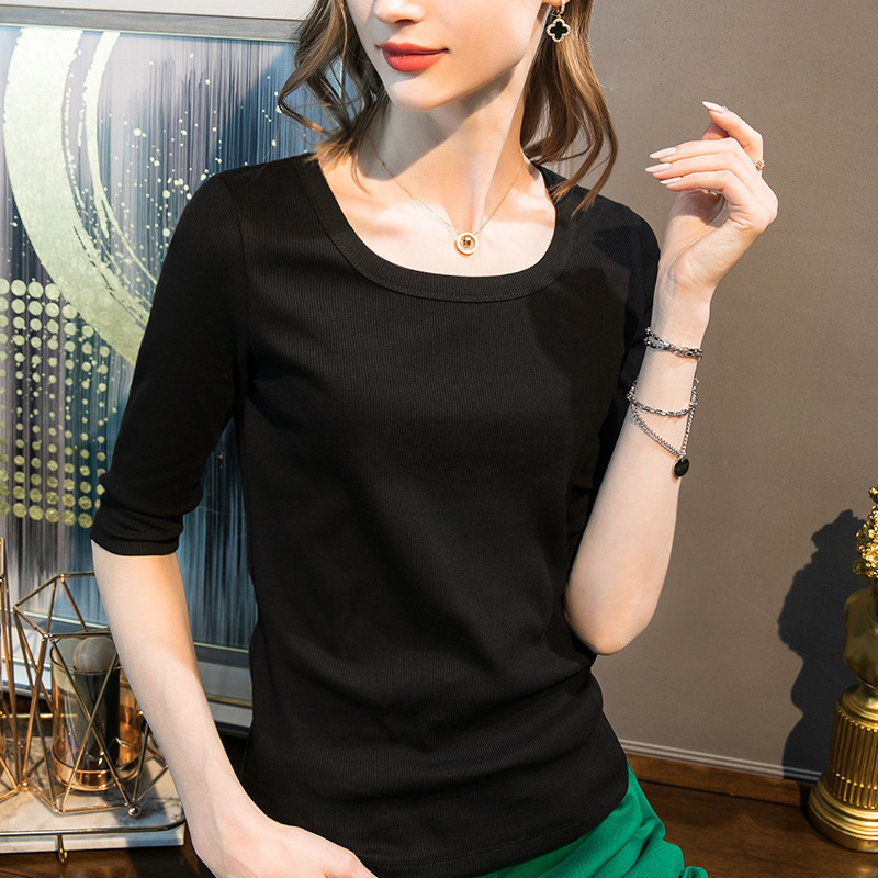 2026 New Style Women's Slim-Fit Mid-Sleeve T-Shirt with U-Neck Design, Knitted Base Layer Top 1688