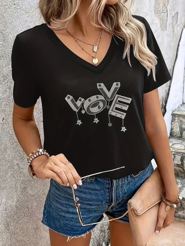 European and American cross-border plus-size women's V-neck short-sleeve t-shirts with rhinestones, added size V-neck, Amazon European and American style