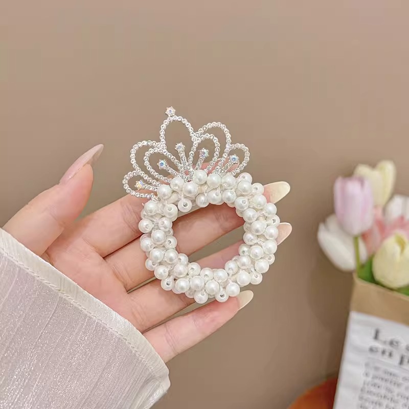Anillo para el cabello de la corona de perlas para niños, tocado de la cabeza de la princesa, cuerda para la cabeza, cabeza de bola, banda de goma, cuerda para el cabello de alta calidad para niñas