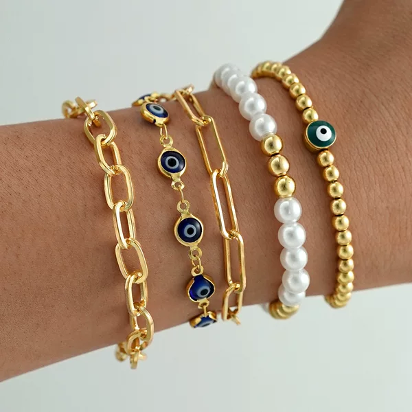 Cross-Border Hot-Selling Devil's Eye Round Bead Pearl Bracelet Set Five-Piece Set Women's Fashion Versatile Trendy Hand Jewelry Wholesale