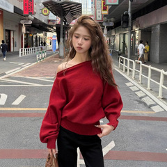 Knitted sweater woman韩系气质斜肩红色长袖针织衫女秋冬一字肩