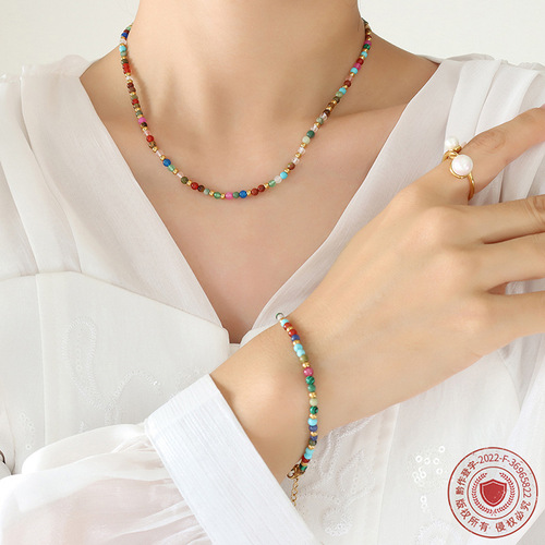 Colorful Natural Stone Titanium Steel Bead Personalized Accessory Bohemian Ethnic Style Necklace Fashion Bracelet Jewelry Set