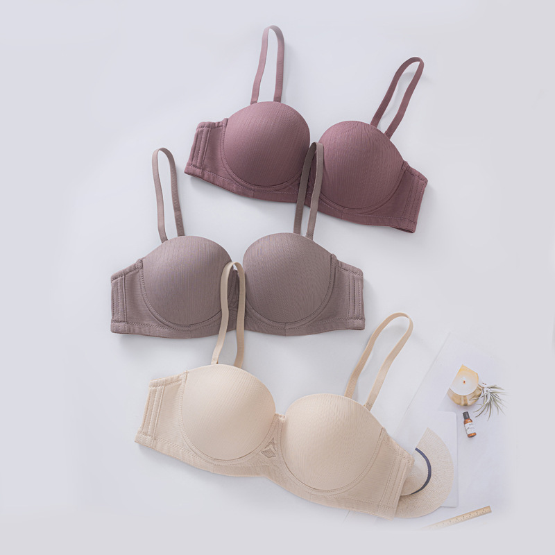 Inventario sexy ropa interior damas media taza brillante sin marcas sujetador de anillo de acero pequeño pecho reunido sin cinturón de hombro ropa interior sujetador