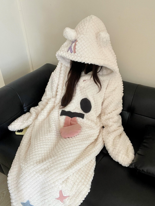 搞怪可爱幽灵睡裙冬季加绒加厚珊瑚绒睡衣女款宽松毛绒家居服套装|undefined