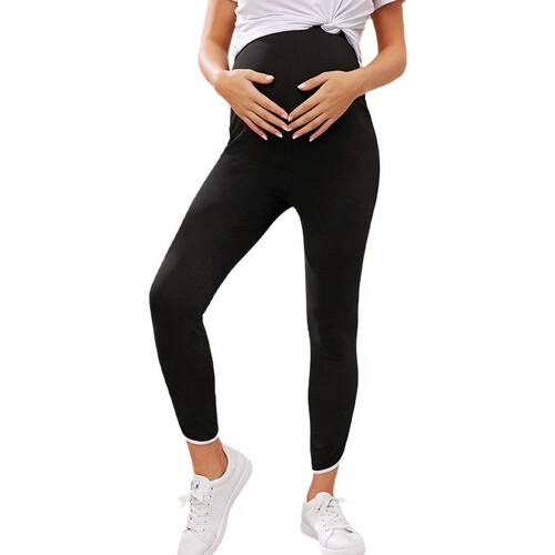 Cross-border color-block high-waisted maternity leggings, hip-lifting, stretchy belly-supporting yoga cropped maternity wear, maternity pants for pregnancy.