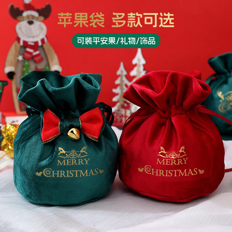 国境を越えたクリスマスリンゴ袋ベルベット箔押し金束口アニメプレゼント袋リボン付き児童キャンディープレゼント袋|undefined