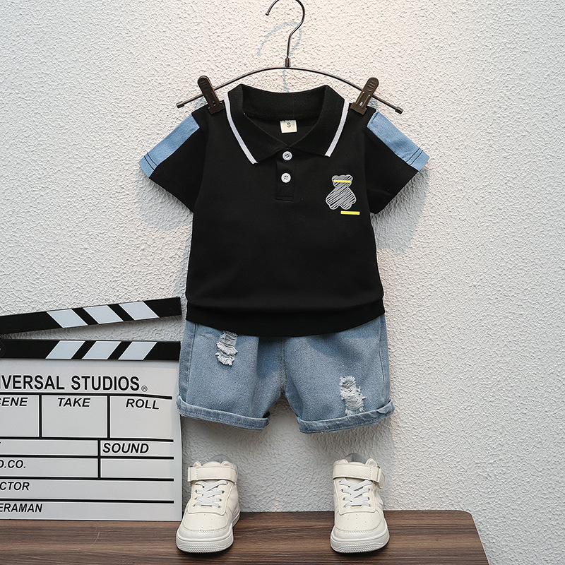 Kleine und mittlere große V-ausschnitt hemd, denim shorts set, sommer neue kinder carto teddybär druck trendy_voghion.com
