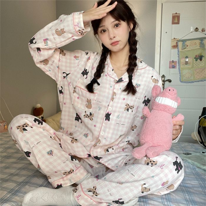Al por mayor transfronterizo primavera y otoño nuevo pijama de mujer nubes de algodón con solapa cardigan de manga larga pantalones dulces set de ropa para el hogar