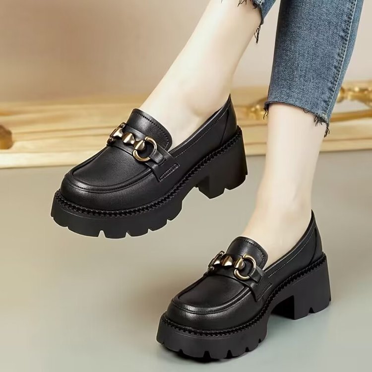 Bizcocho estilo británico suela gruesa aumento Lefu zapatos mujer 2024 nuevo otoño suela blanda zapatos de cuero de tacón grueso de todo fósforo