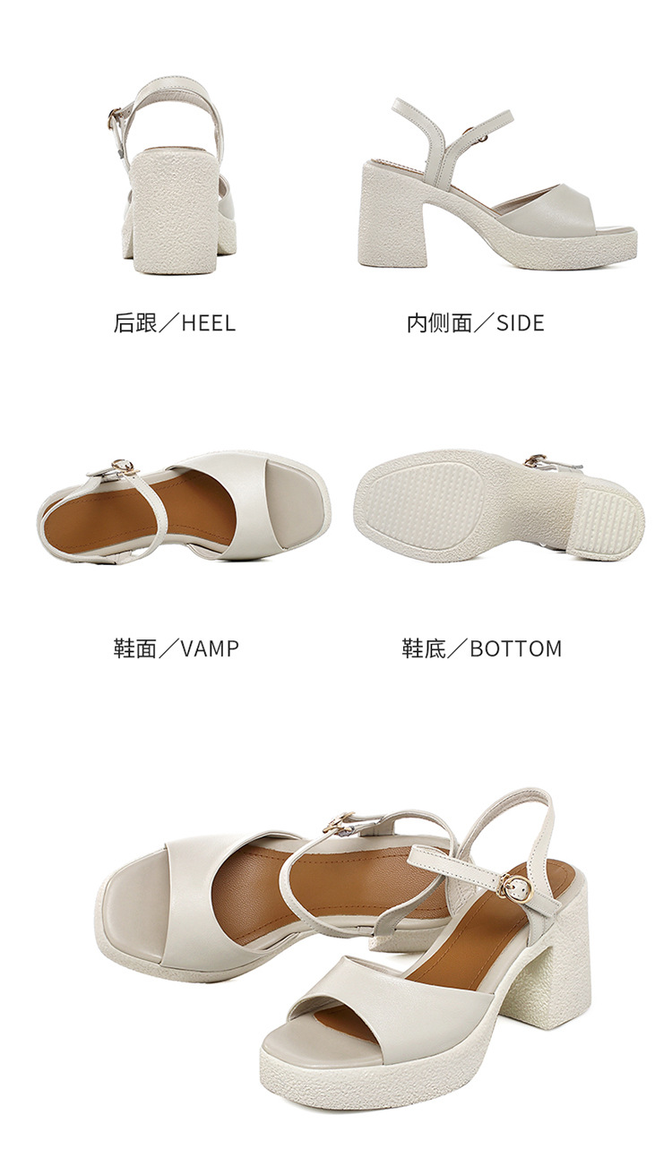 Sandal cao gót nữ quai ngang da thật đế dày chống thấm — Màu đen chi tiết 35
