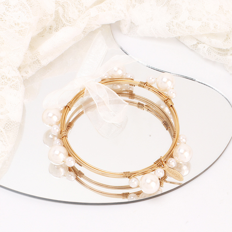 Sweet Bow Knot Imitation Pearl Lace Copper Bangle Copper Bracelets