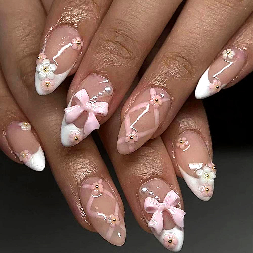 Uñas postizas estilo Hot Girl con borde blanco, puntas de uñas con lazo de alta gama, uñas postizas almendradas más vendidas transfronterizas.
