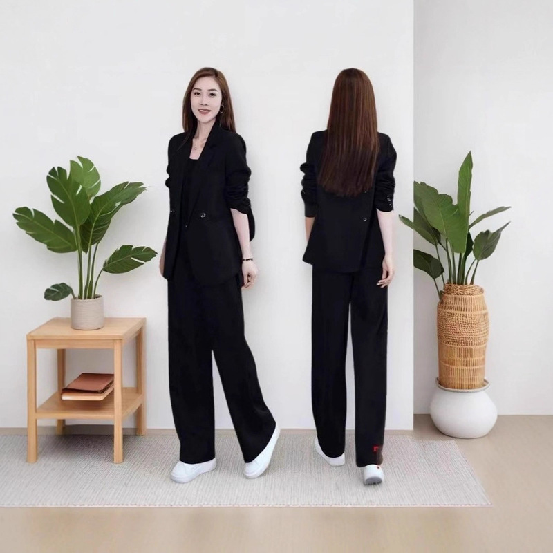 German Hot-Selling Women's Professional Plus-Size Spring Loose Slimming Casual Blazer Jacket and Wide-Leg Pants Two-Piece Set with Elegant