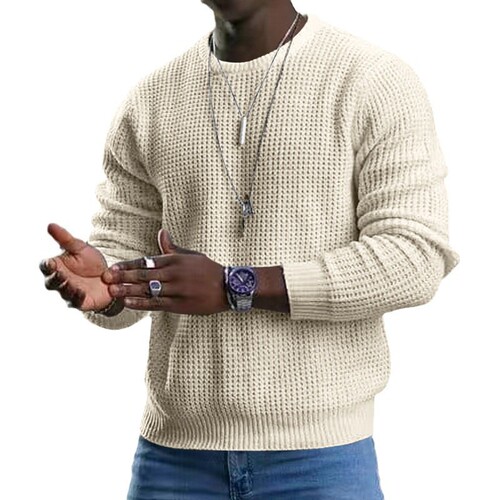 Autumn and Spring Men's Plain Color Checkered Crew Neck Long Sleeve T-Shirt European Size Breathable Loose Fit