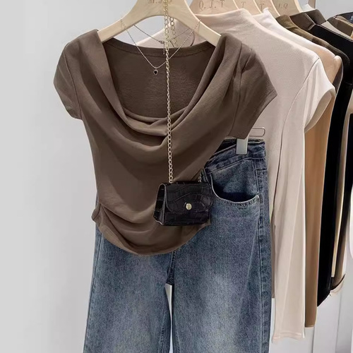 Women's Ins Design V-Neck T-Shirt Short Sleeve Summer Short-Sleeve Top Body Shaping Sexy Pure Desire T-Shirt Wholesale