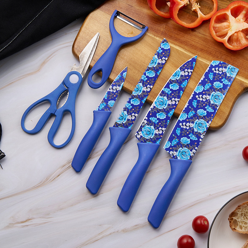 Comercio exterior cuchillos de cocina de 6 piezas de acero inoxidable color impresión cuchillo de impresión de rosas de cocina doméstica conjunto de cuchillos