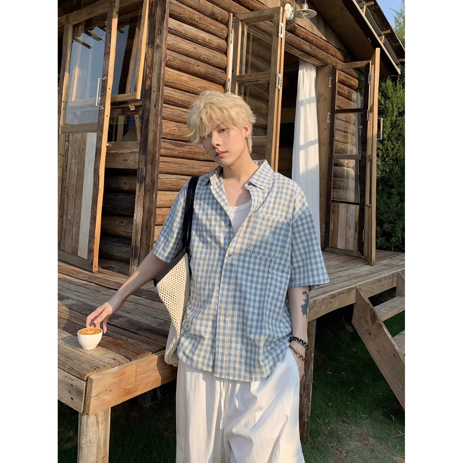 American Retro Plaid Short-Sleeved Shirt for Men 2025 Summer New Loose Lapel Quarter-Sleeved Shirt Jacket Top