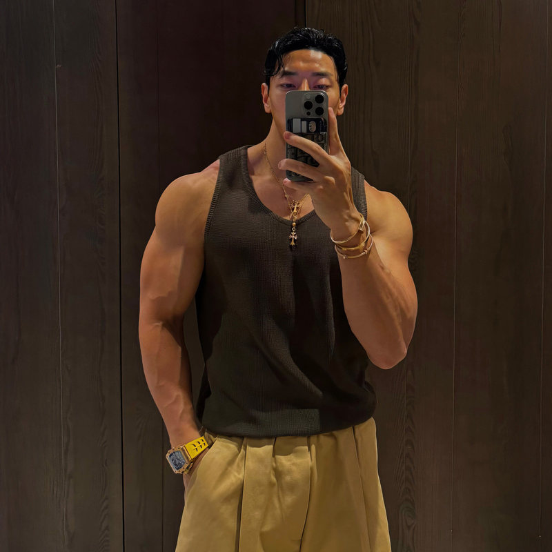 davidme brown ribbed linen knitted vest for men, summer high-end sports fitness muscle sleeveless T-shirt