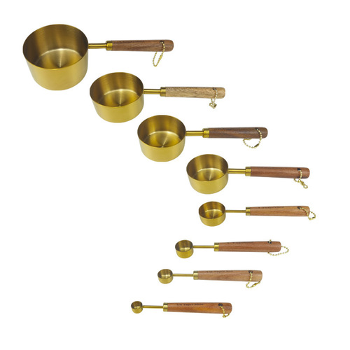 Stainless steel measuring cup and spoon set of 8, gold-plated measuring cups and spoons, passionwood handles, baking tool set