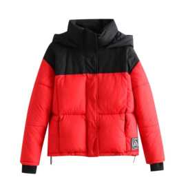 跨境批发新款拼色连帽棉服欧美时尚短款加厚百搭面包服棉衣外套女