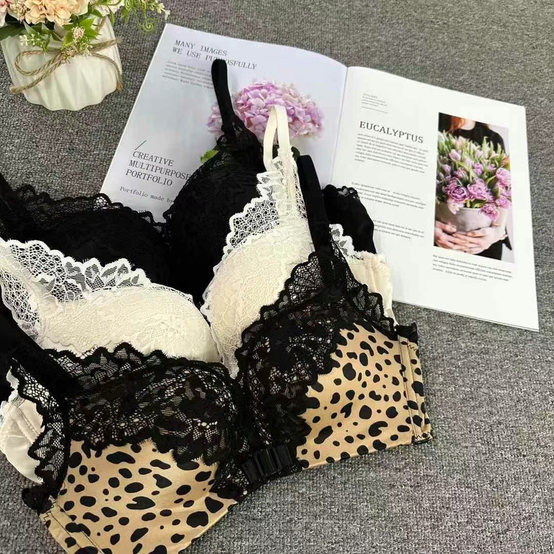 Inventario de ropa interior sexy con hebilla frontal con estampado de leopardo reunido, gran soporte superior, anti-flacidez, sujetador de mujer de encaje sin anillo de acero 6060 #