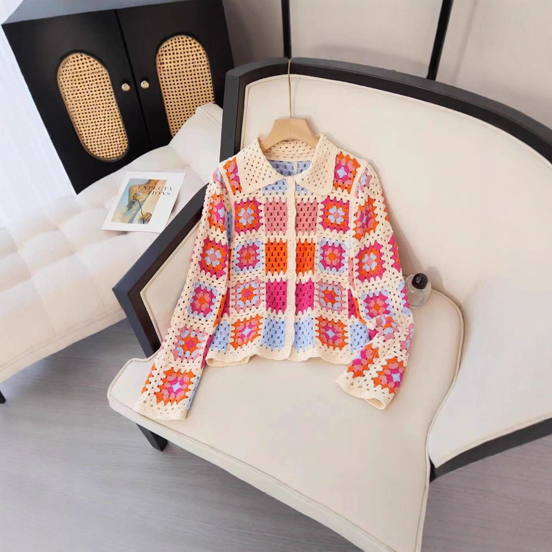2025 New Autum Style Bohemian Style Handmade Crochet Cardigan for Women with Colorfulful Square Stitching Doll Collar Cut Out Short 2025 New Autum Style Bohemian Style Handmade Crochet Cardigan for Women with Colorfulful Square Stitching Doll Collar Cut Out Short