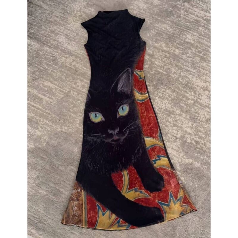 Millennial Y2K Style Niche Black Cat Print Dress, New Chinese Style Mesh Retro Stand Collar Sleeveless Sexy Fishtail Dress