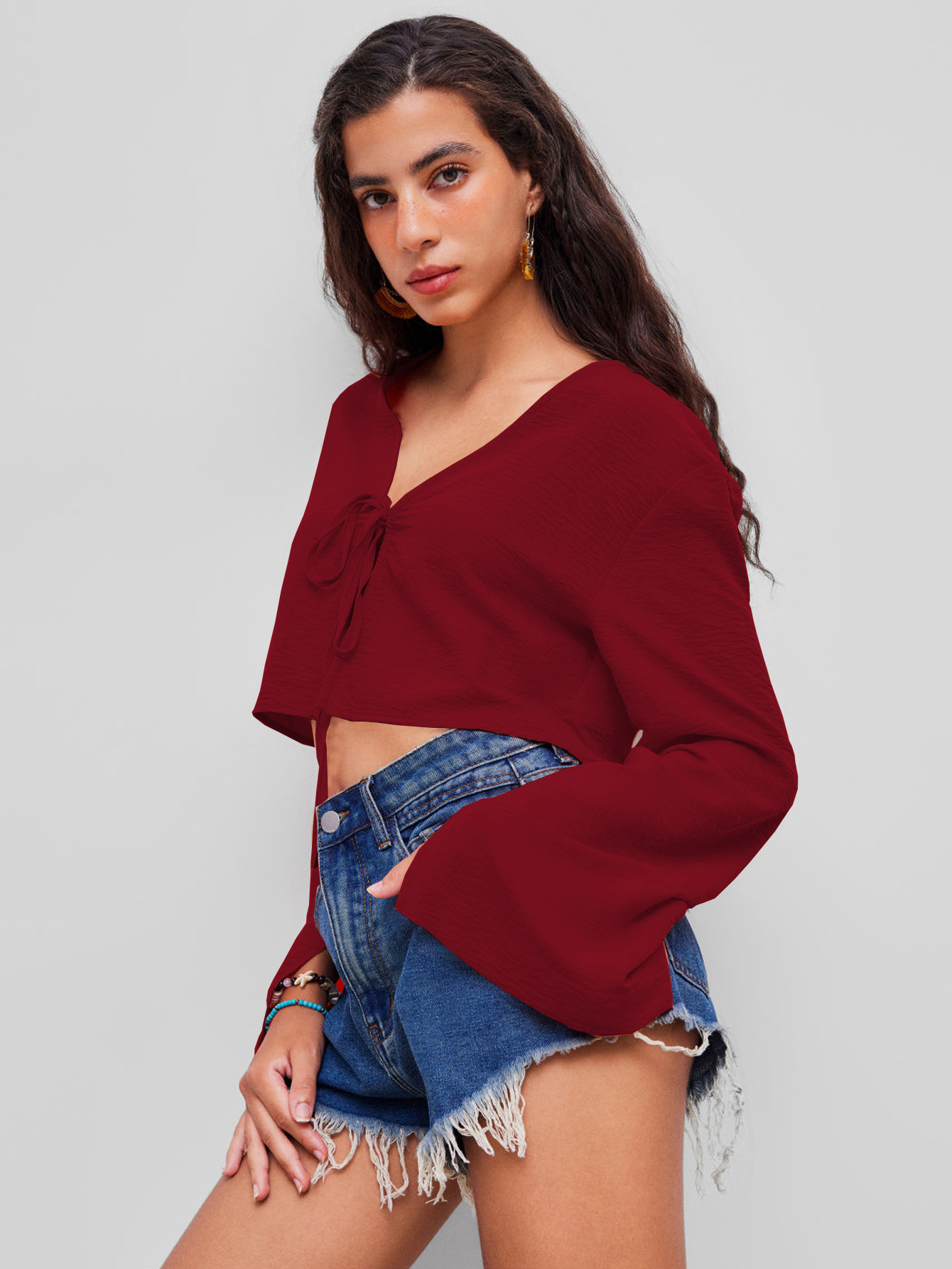 Voya 2026 Sexy V-neck T-shirt With Spring And Summer Chest Tie, Niche Burgundy Cardigan Top, Women's Clothing_ecoleips.com