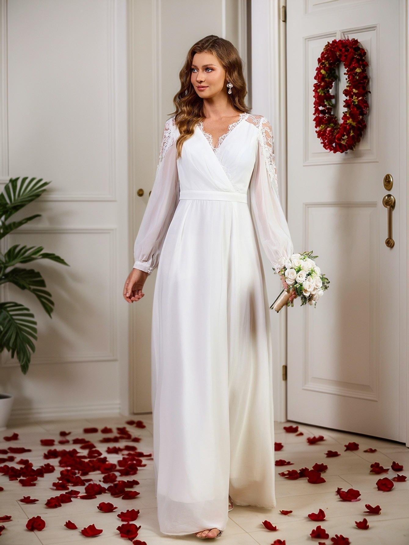 Nuevo Europa y América Hot Sale Amazon vestido de encaje empalmado cintura larga noble vestido de noche vestido de novia chiffon
