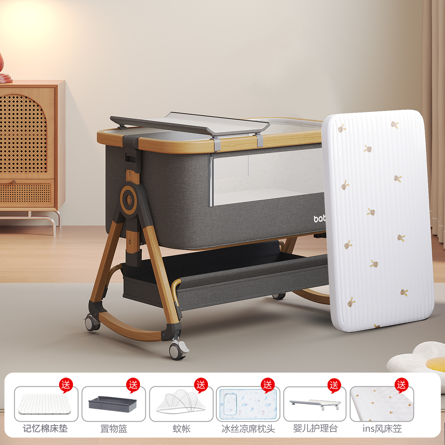 Cama de bebé Cama de cuna móvil Cama multifuncional portátil Cama multifuncional plegable BB Cama de empalme para recién nacidos image 18