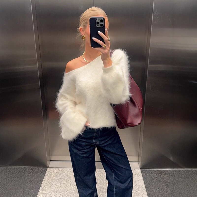 European and American Cross-Border Loose-Fitting Solid Color Sweater for Women, Casual One-Shoulder Diagonal Neck Long-Sleeve Pullover for Commuting, Ins Style European and American Cross-Border Loose-Fitting Solid Color Sweater for Women, Casual One-Shoulder Diagonal Neck Long-Sleeve Pullover for Commuting, Ins Style