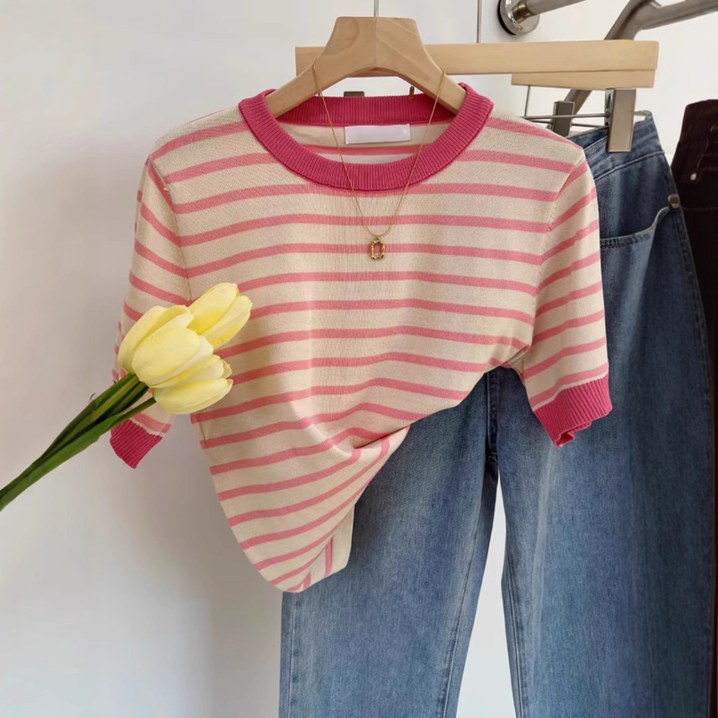 100 Cotton Short-sleeved Women's Crewneck Striped Sweater Half-sleeved Colorblock Loose Vest All-match T-shirt Spring and Summer New Arrival
