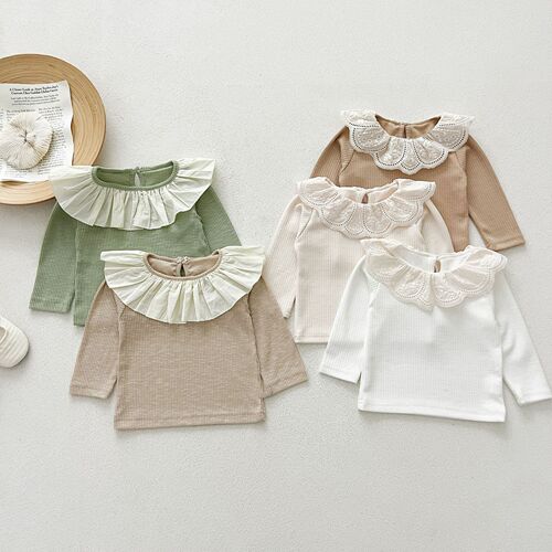 Ins Spring Sweet Baby Collar Stylish T-shirt Korean Version Girls Baby Autumn Lotus Collar Base Shirt Children's Top