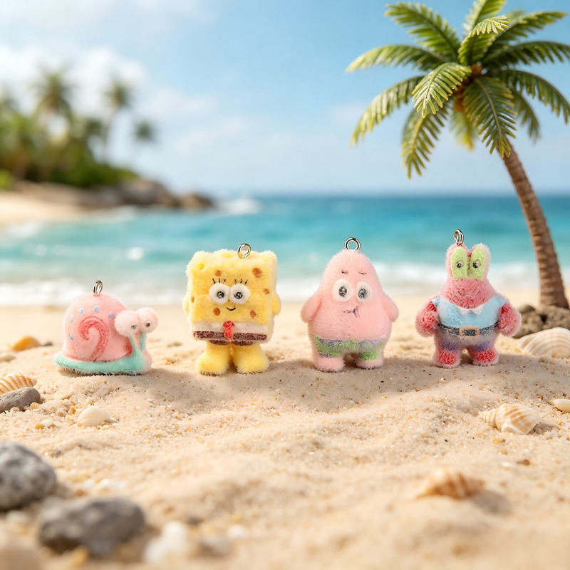 Flocked cartoon Bikini Bottom SpongeBob and Patrick Star figurines, cute DIY decoration accessories, resin pendants